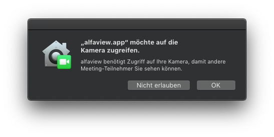 Screenshot des Hinweisfensters zur Freigabe von Kamera, Mikrofon und Bedienungshilfen auf Apple-Geräten