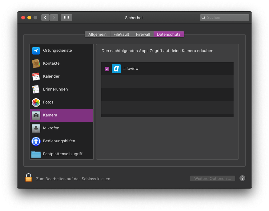 Screenshot des Reiters Datenschutz & Sicherheit in den Systemeinstellungen unter Mojave, im Reiter Kamera wurde alfaview der Zugriff gewährt