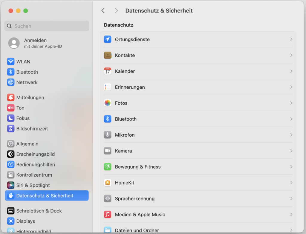 Screenshot des Reiters Datenschutz & Sicherheit in den Systemeinstellungen unter Sonoma
