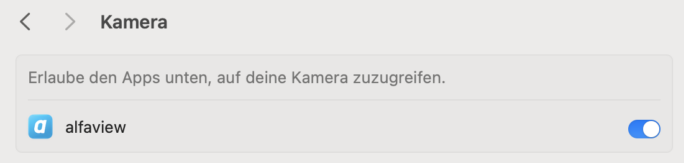 Screenshot der Zugriffsliste auf die Kamera, der Schieberegler neben dem alfaview-Symbol ist aktiviert