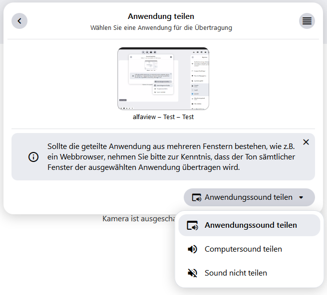 Im "Anwendung teilen"-Fenster können Sie auswählen, ob und welcher Ton während der Übertragung geteilt wird.