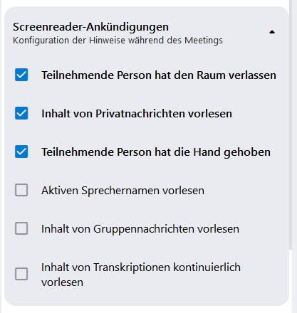 Die Einstellungen für Screenreader-Ankündigungen für Barrierefreiheit in alfaview. Die Ankündigungen können einzeln ein- bzw. ausgeschaltet werden.