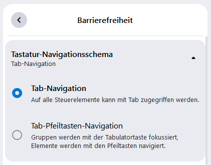 Barrierefreiheiteinstellungen in alfaview. Es kann eine Tab- oder eine Tab-Pfeiltasten-Navigation gewählt werden.