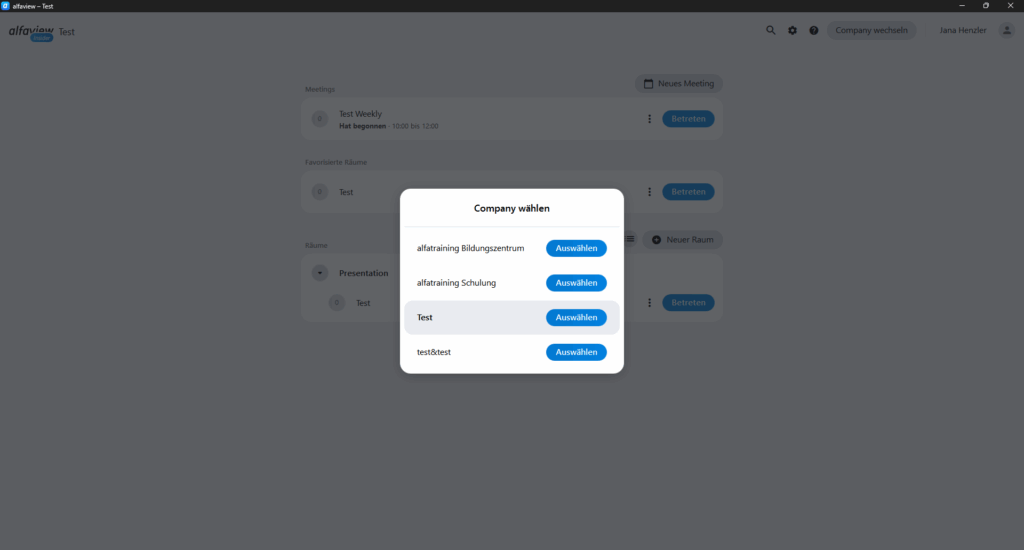 Eine Liste mit allen verfügbaren Companies erscheint beim Start von alfaview. Neben jeder Company ist ein "Beitreten"-Button.