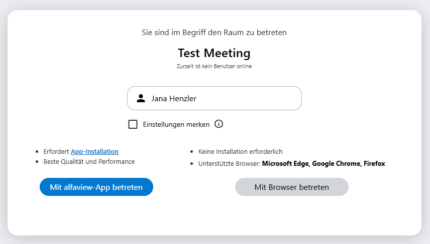 Fenster, das sich öffnet, sobald man einen Einladungslink öffnet. Hier kann man seinen Namen eintragen und entweder über den Webclient oder über die App beitreten.