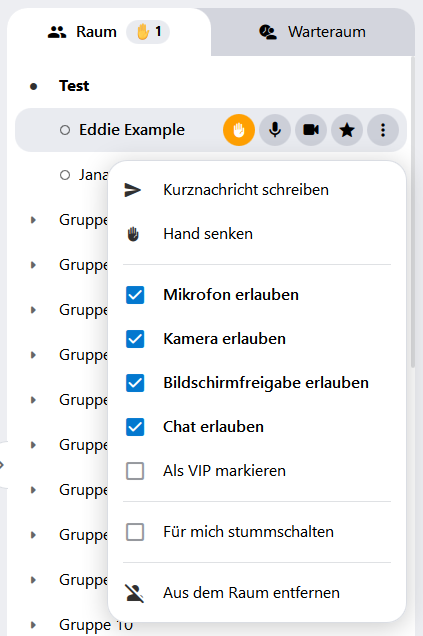 Übersicht über die Moderationsfunktionen. Hiermit kann man einzelnen Personen Rechte geben oder entziehen.