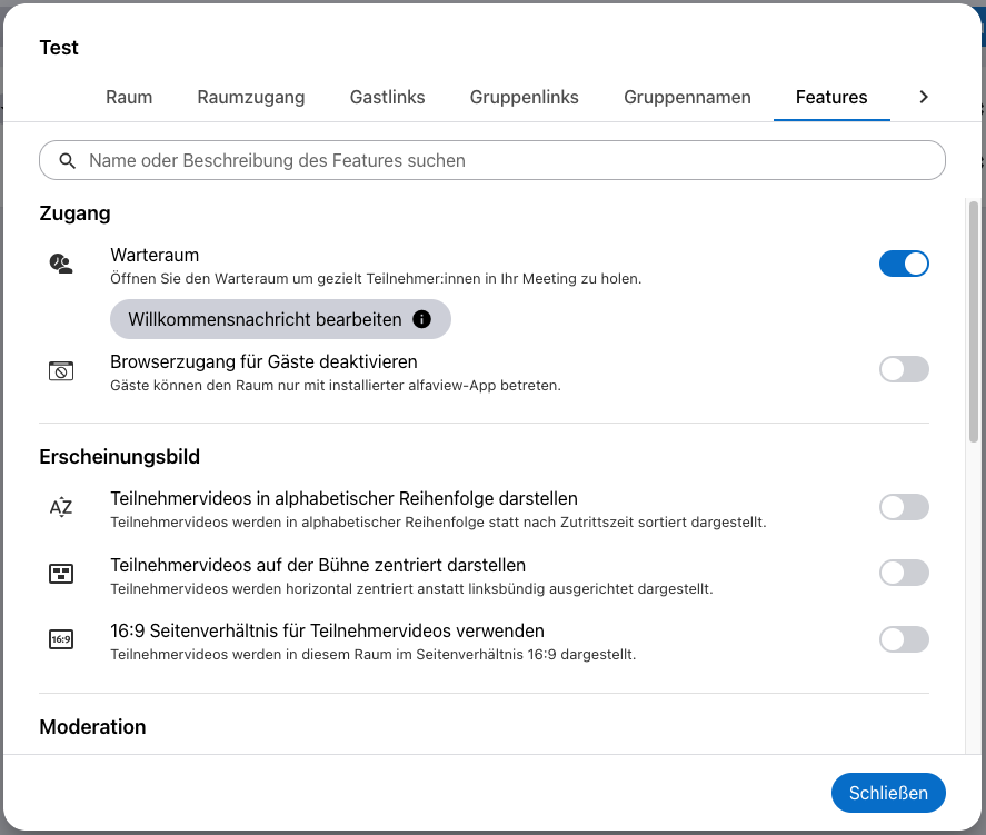 Den Warteraum kann man in den Raum-Features aktivieren. Diese finden sich in der Verwaltungsseite des alfaview-Kontos.