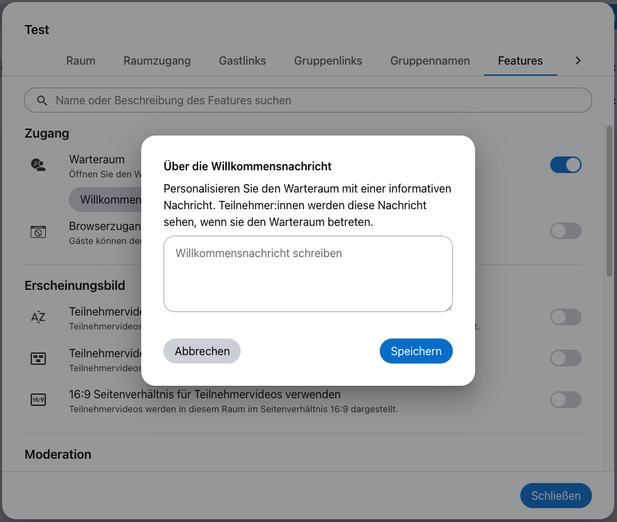 In den Raumfeatures kann für den Warteraum eine Willkommensnachricht personalisiert werden.