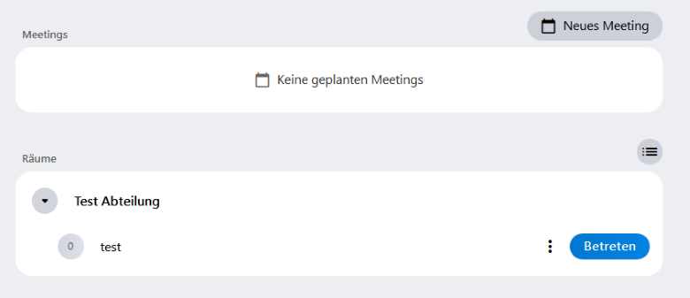 Die Meeting- und Raumliste von alfaview. Hier findet man alle betretbaren Räume und Meetings und kann neue Meetings anlegen.