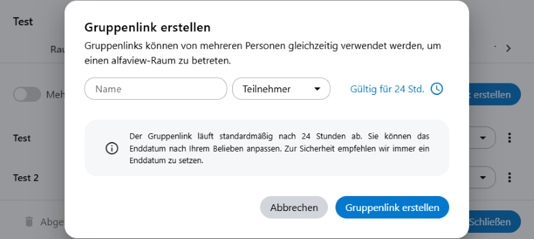 Mit einem Klick auf "Gruppenlink erstellen" öffnet sich diese Maske. Hier kann man den Namen der Gruppe und die Rolle der über den Link eintretenden Personen festlegen sowie den Zeitraum, in dem der Link aktiv ist.