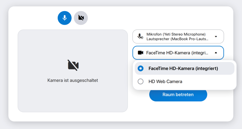 Auswahlmenü der Kamera von alfaview.