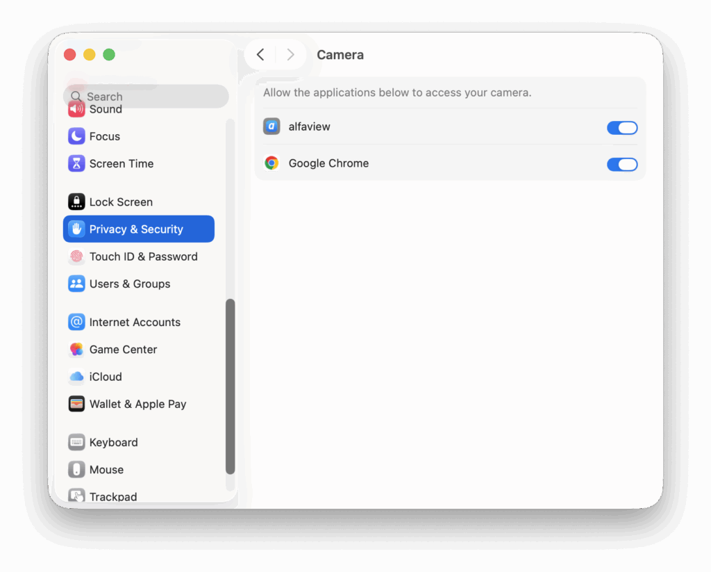 On macOS, alfaview's permission to use the camera and microphone can be revoked or granted in the system settings.