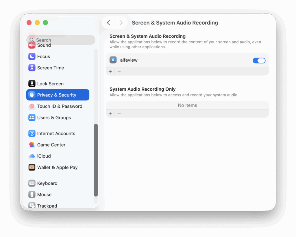 On macOS, alfaview can be granted or denied permission to use screen sharing in the system settings.