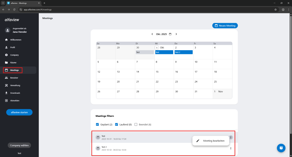 Meetings werden in der Verwaltungsoberfläche unter dem Kalender angezeigt. Mit einem Klick auf das Drei-Punkte-Menü können Meetings bearbeitet werden.