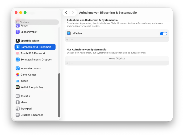 Unter macOS kann alfaview die Berechtigung zur Nutzung der Bildschirmfreigabe in den Systemeinstellungen entzogen bzw. gegeben werden.