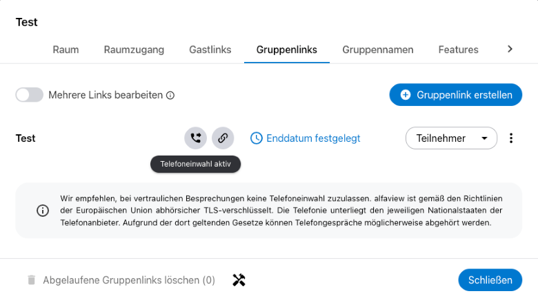 Die aktivierte Telefoneinwahl erkennt man durch das Telefonsymbol neben dem Namen des Gruppenlinks.