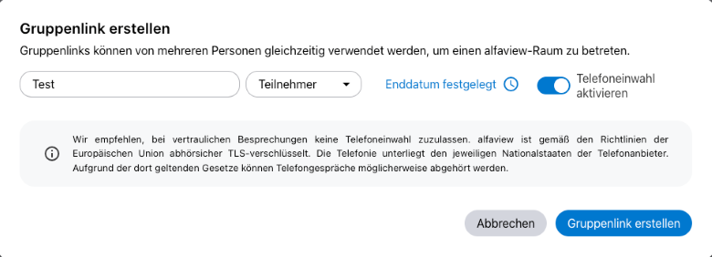 Im Gruppenlink Telefoneinwahl aktivieren.