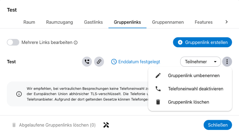 Telefoneinwahl bei Gruppenlinks kann auch nachträglich eingerichtet werden.