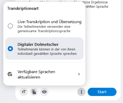 Einstellungen im Reiter "Digitaler Dolmetscher". Hier kann man sich zwischen den Transkriptionsarten "Digitaler Dolmetscher" und "Live-Transkription und Übersetzung" entscheiden und die verfügbaren Sprachen aktualisieren.