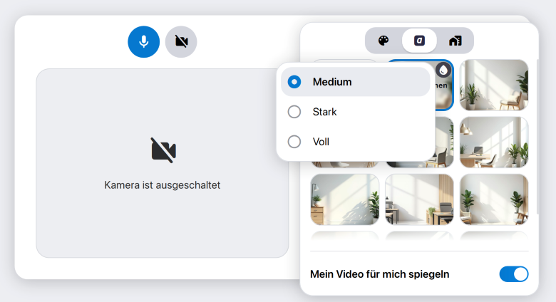 Neben virtuellen Hintergründen, können Sie Ihre Umgebung auch weichzeichnen. Die Weichzeichung wird in drei Abstufungen angeboten.