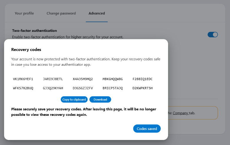 If two-factor authentication was successful, you will receive recovery codes. These can be used if the actual authentication is not possible.