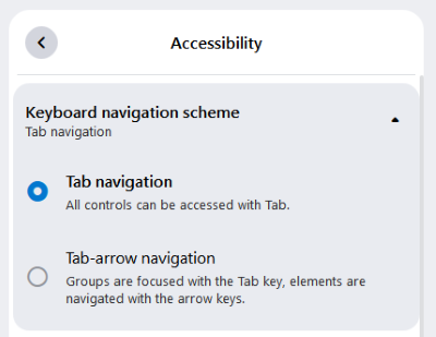Accessibility settings in alfaview. You can choose between tab navigation and tab arrow navigation.