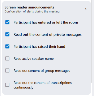 Accessibility settings for screen reader announcements in alfaview. Announcements can be turned on or off individually.
