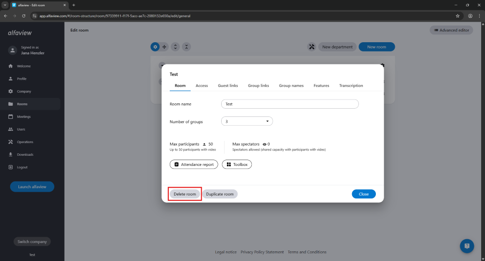 You can delete rooms via the administration interface in the “Rooms” tab. In the room settings, you will find the “Delete room” button at the bottom left.