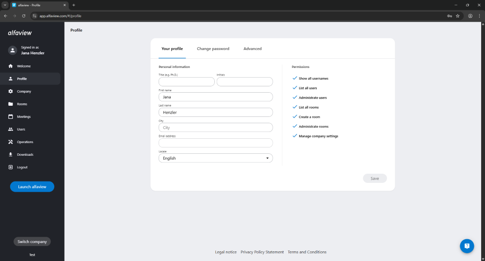 The user profile in the alfaview administration interface.