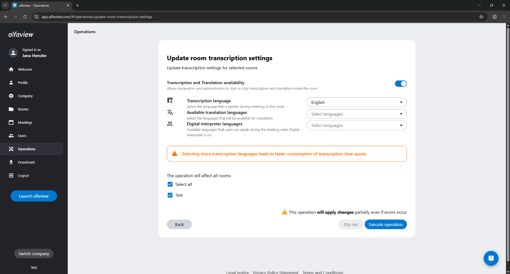 The transcription settings can also be edited for multiple rooms at the same time. To do this, click on the “Transcription settings for multiple rooms” button.