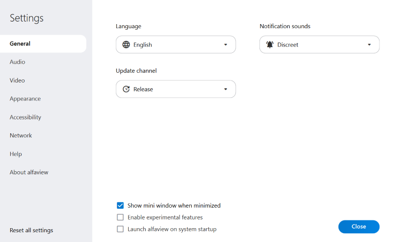The “All Settings” window. Under “General,” you can set the language, update channel, notification sounds, and other options.