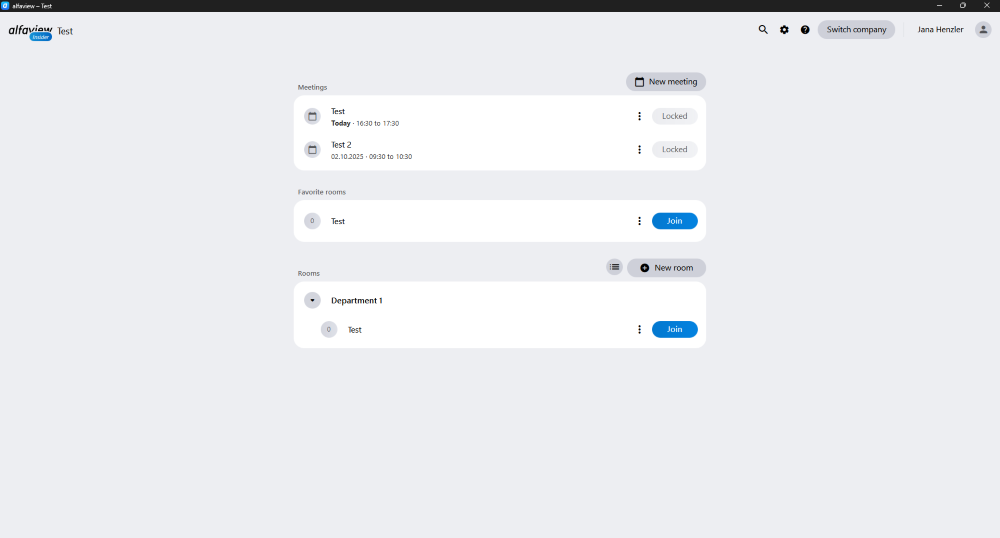 The room list in the alfaview app. This appears as soon as you log in to the app or web client. Here you will find all accessible meetings and rooms. Administrators can also create meetings and rooms here.
