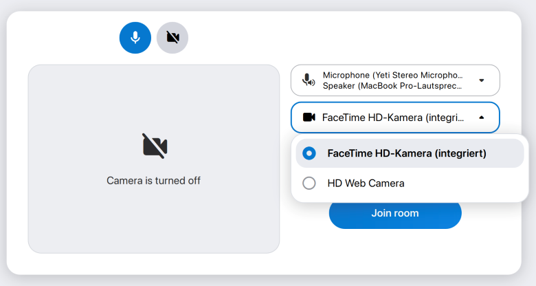 Selection menu for the camera in alfaview.