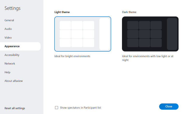Settings for the appearance of alfaview. Here you can choose between a light and dark appearance.