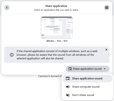 In the “Share Application” window, you can choose whether and which sound is shared during the transmission.