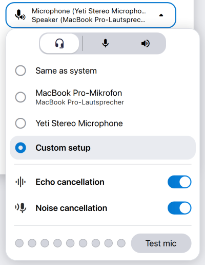 In the audio menu, select which microphone, headset, or speaker you want to use. All connected devices are listed.
