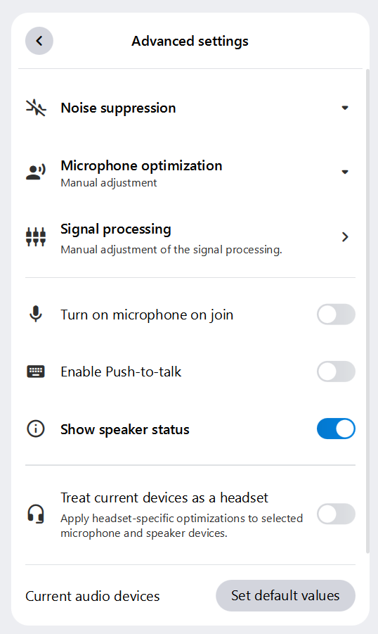 The advanced audio settings in alfaview. Here you will find settings for noise suppression, microphone optimization, and signal processing. You can also enable “Turn on microphone on join,” “Enable push-to-talk,” “Show speaker status,” and “Treat current devices as headset.”