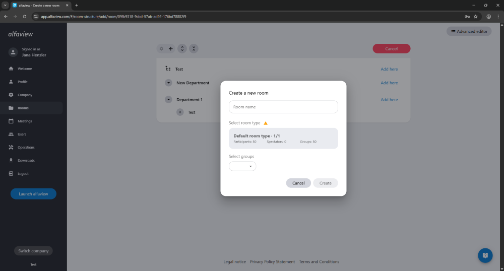 You can add new rooms in the administration interface. To do this, click on the “New Room” button.
