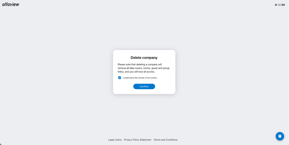 Dialog box with the final confirmation that you want to delete the company.