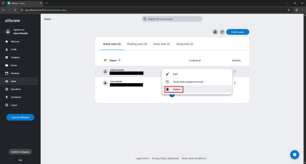 You can delete user accounts from the company in the “Users” tab of the administration interface.