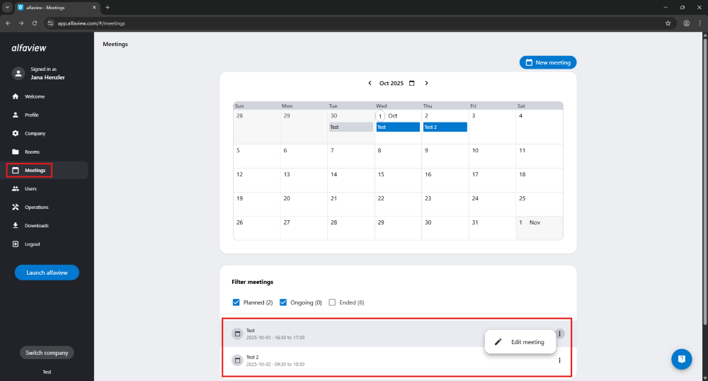 Meetings are displayed in the administration interface under the calendar. Meetings can be edited by clicking on the three-dot menu.