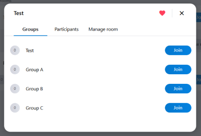 A favorite room. You can recognize it by the red heart symbol in the upper right corner of the window. Favorite rooms are listed separately in the room and meeting list.