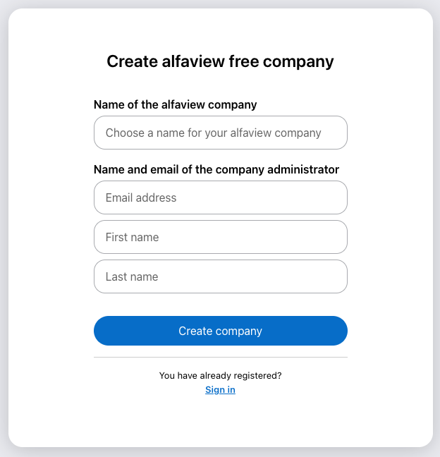 Sign up page to create an alfaview account for your personal use