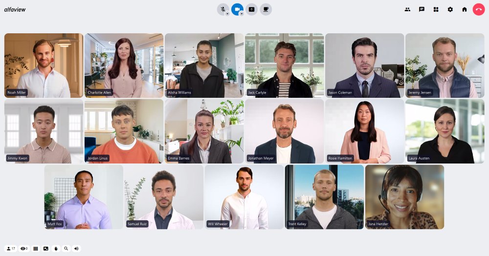 The gallery view in alfaview. All participants' videos are distributed evenly across the stage. Depending on the number of participants, the images appear larger or smaller.