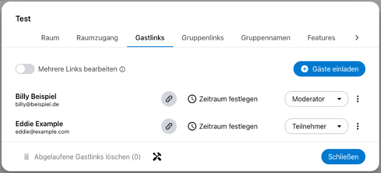 Gastlinks können in der Raumverwaltung angelegt werden. Hier können Personen persönlich eingeladen und ihnen Rollen zugewiesen werden.