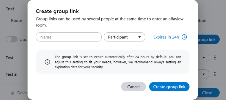 Clicking on “Create group link” opens this screen. Here you can specify the name of the group and the role of the people entering via the link, as well as the period during which the link is active.