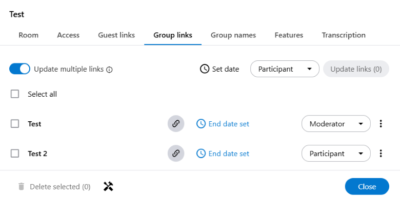 Multiple group links can be edited simultaneously. To do this, use the “Update multiple links” function in Room Management under Group Links.