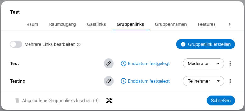 Mehrere Personen können mit einem Gruppenlink gleichzeitig eingeladen werden. Einem Gruppenlink kann ebenfalls eine Rolle zugeteilt, außerdem kann er zeitlich begrenzt werden.