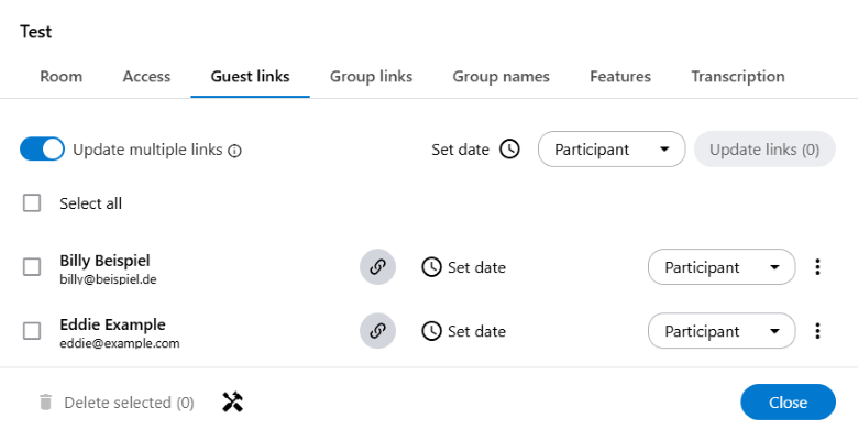 Multiple guest links can be edited simultaneously. To do this, use the “Update multiple links” function in Room Management under Guest Links.