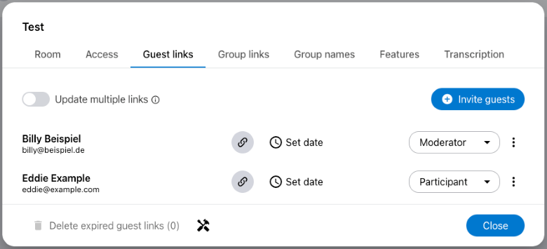 Guest links for rooms can be created in room management. A separate guest link is created for each person.
